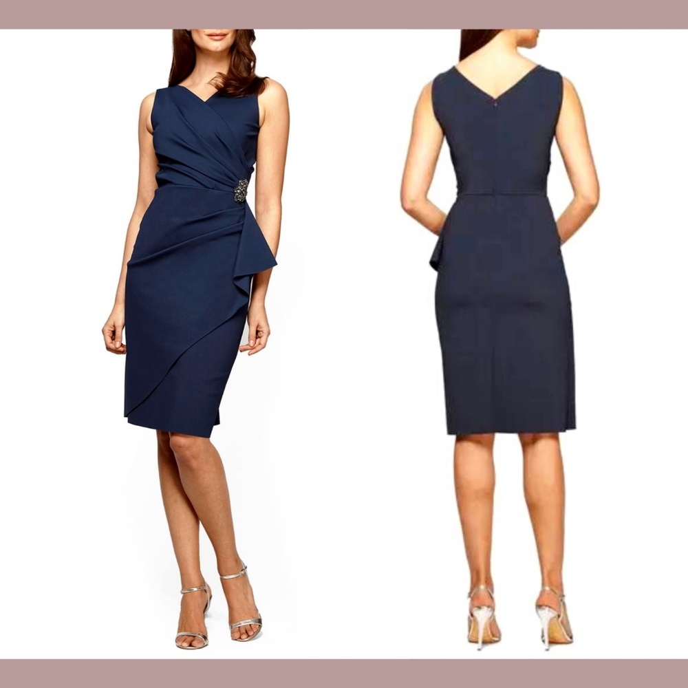 NEW Alex Evenings Side Ruched Cocktail Dress in Navy Blue‎ [SZ 4 ]